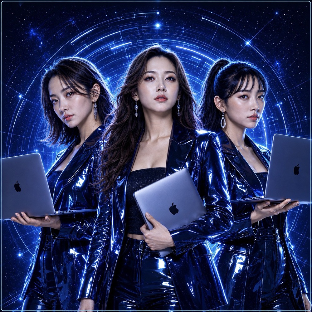 ノートパソコンを手にした3人の女性。星空と青い光の輪を背景にしたイメージビジュアル